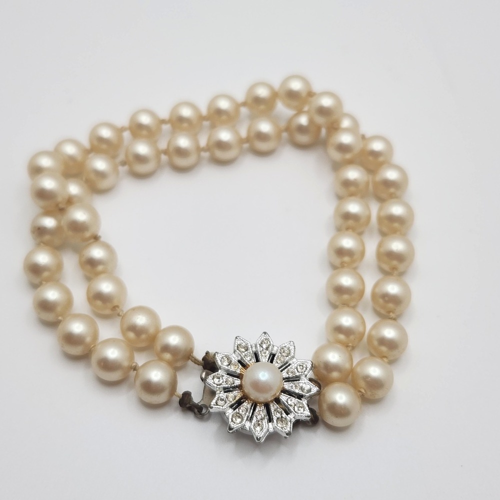 Vintage Glass Pearl Double Strand Bracelet Rhinestone Floral Clasp 6.5" 1950s